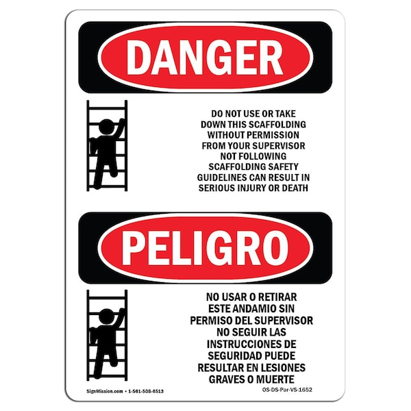 Safety Sign, OSHA Danger, 5" Height, Do Not Use Take Down Scaffolding Spanish, 10PK